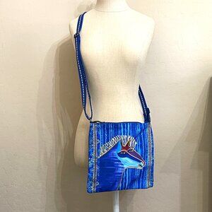 New Laurel Burch Crossbody Bag Horse Blue Batik Gold Multi Canvas.